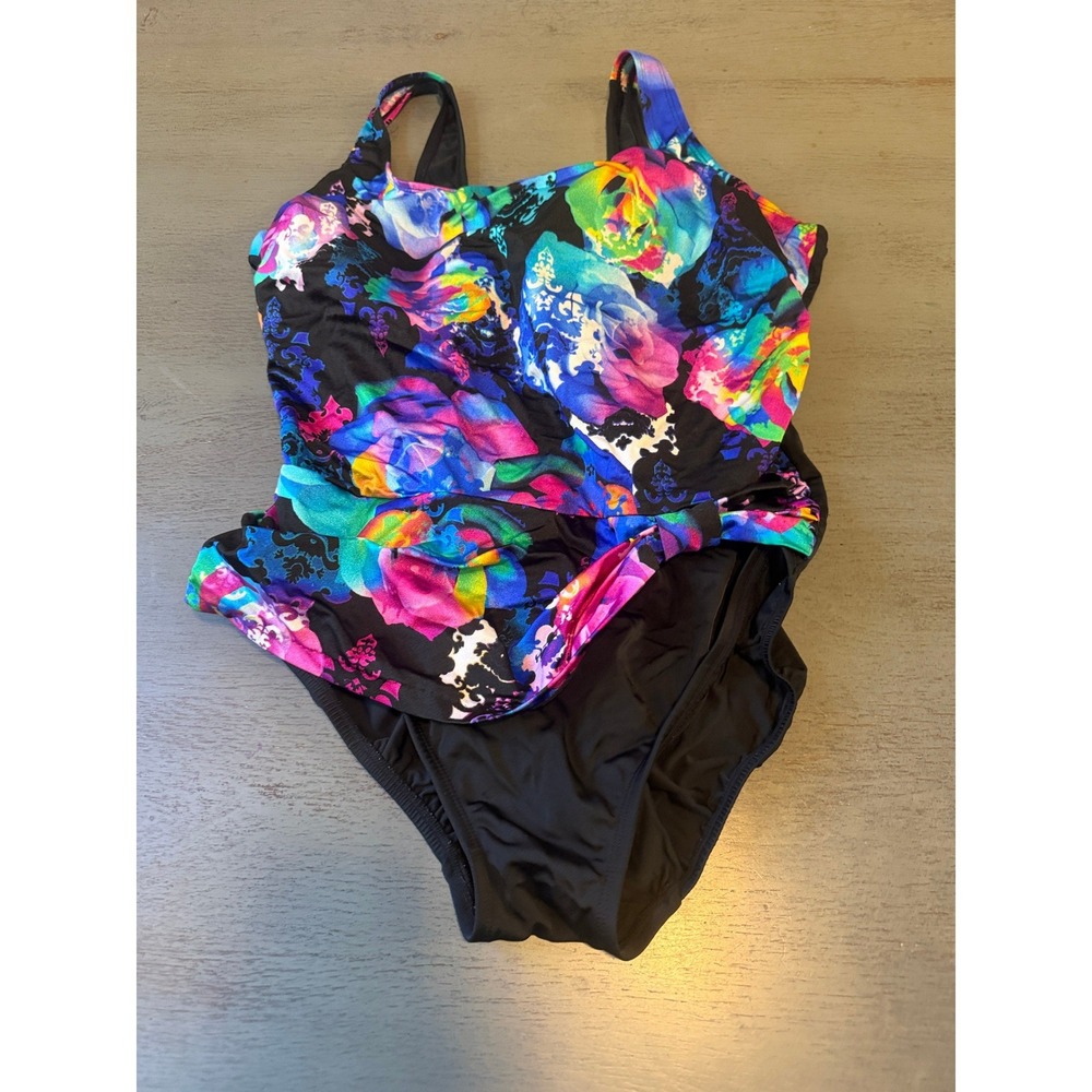 Great Lengths Swimsuit Womens 16 Black Floral Sarong Front One Piece Swimwear